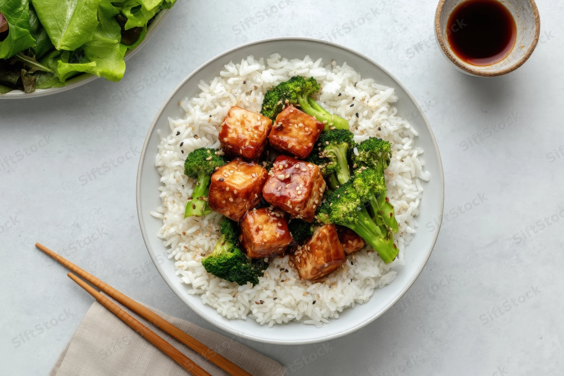 Bowl of rice topped with glazed tofu and broccoli with chopsticks and soy sauce on the side