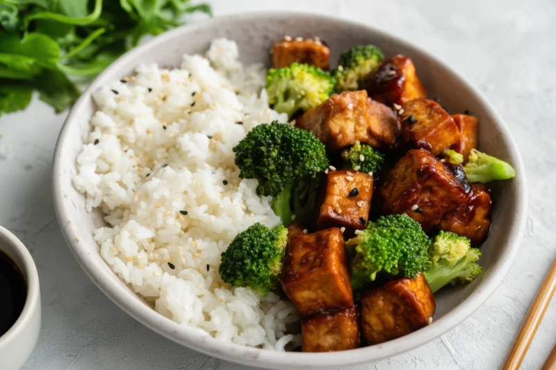 Bowl of stir-fried tofu and broccoli with white rice and sesame seeds on a light surface
