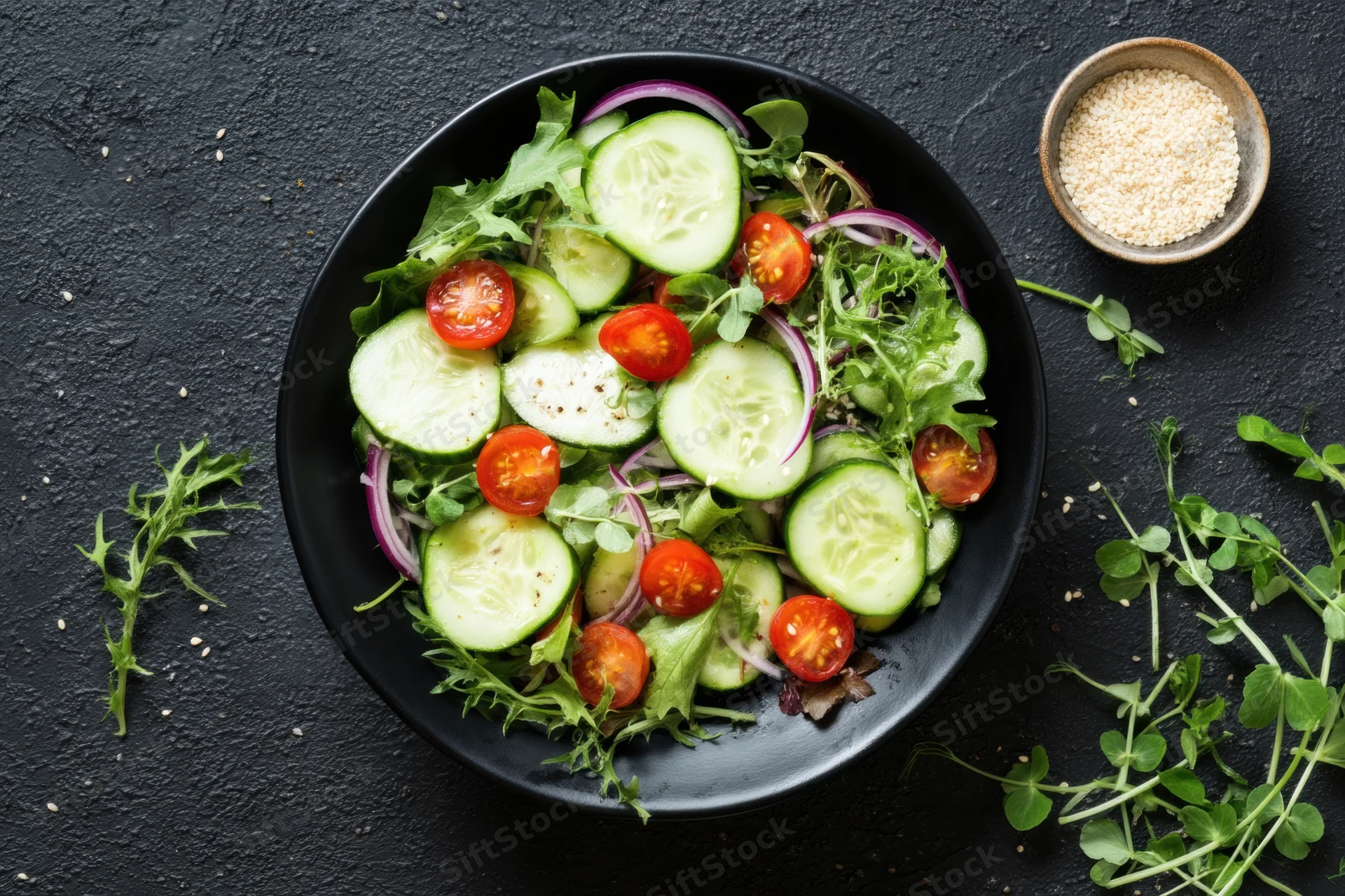Fresh salad with cucumber rounds and cherry tomatoes in a black bowl on dark textured surface