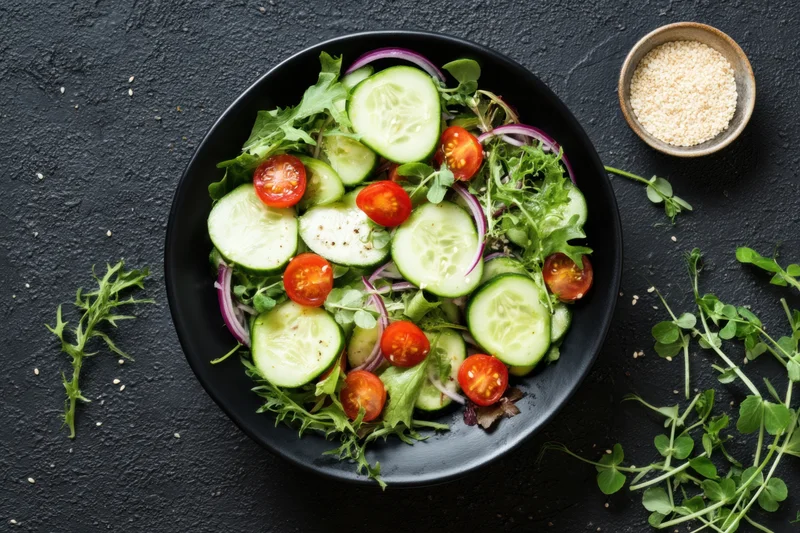 Fresh salad with cucumber rounds and cherry tomatoes in a black bowl on dark textured surface