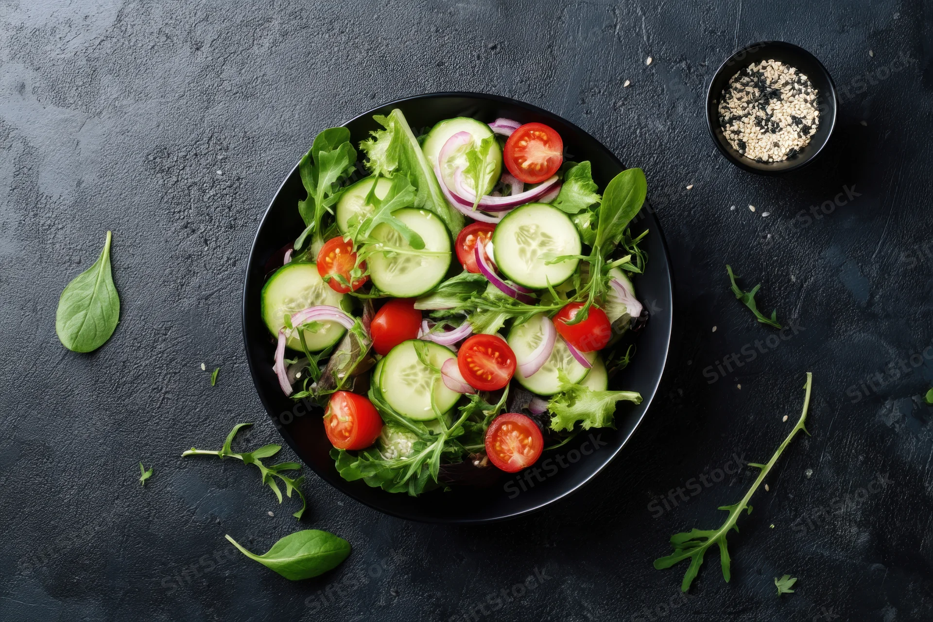 Fresh salad with cucumber rounds and cherry tomatoes in a black bowl on dark surface