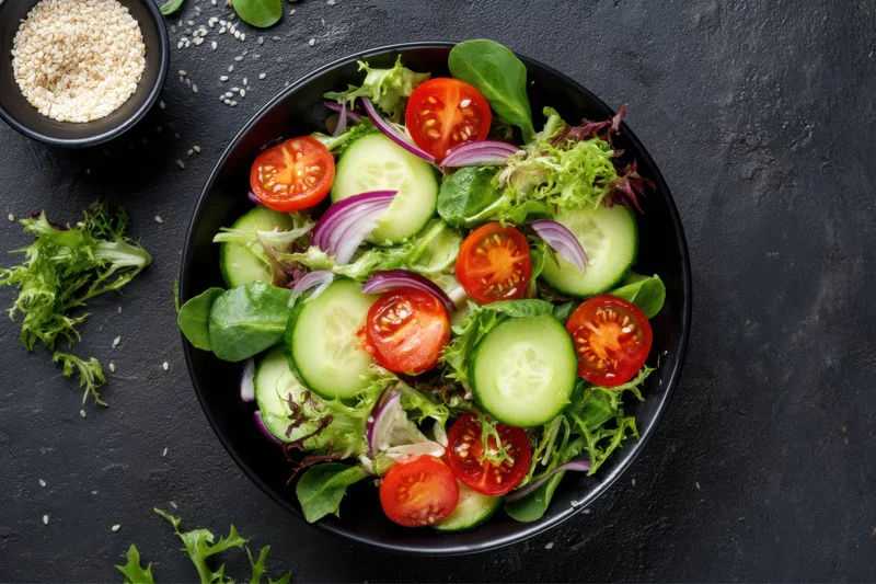 Fresh salad with cucumber, cherry tomatoes, red onion, and sesame seeds in a black bowl on dark surface