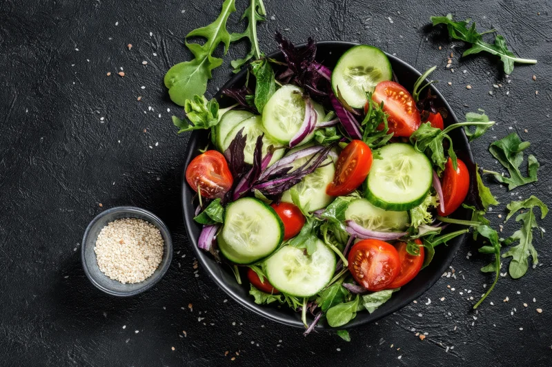 Fresh salad with cucumber slices cherry tomatoes and arugula in a black bowl on dark textured surface