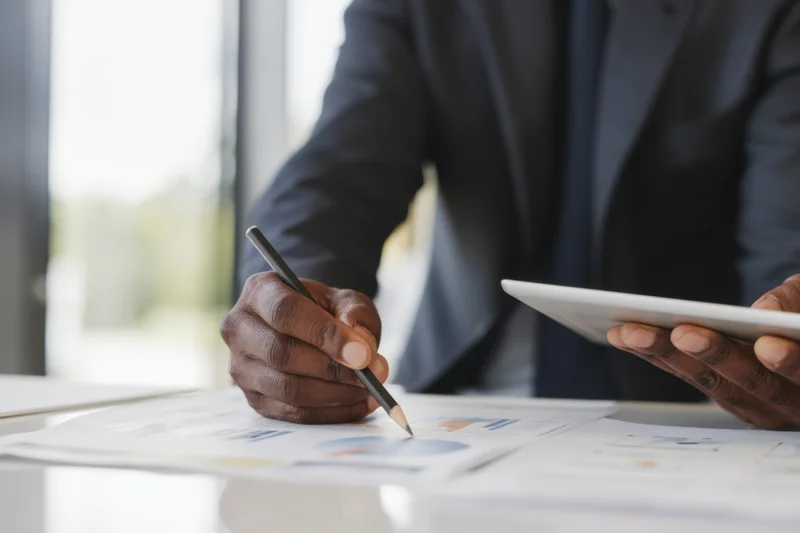 Man in dark suit pointing at chart on document with tablet in hand at office desk