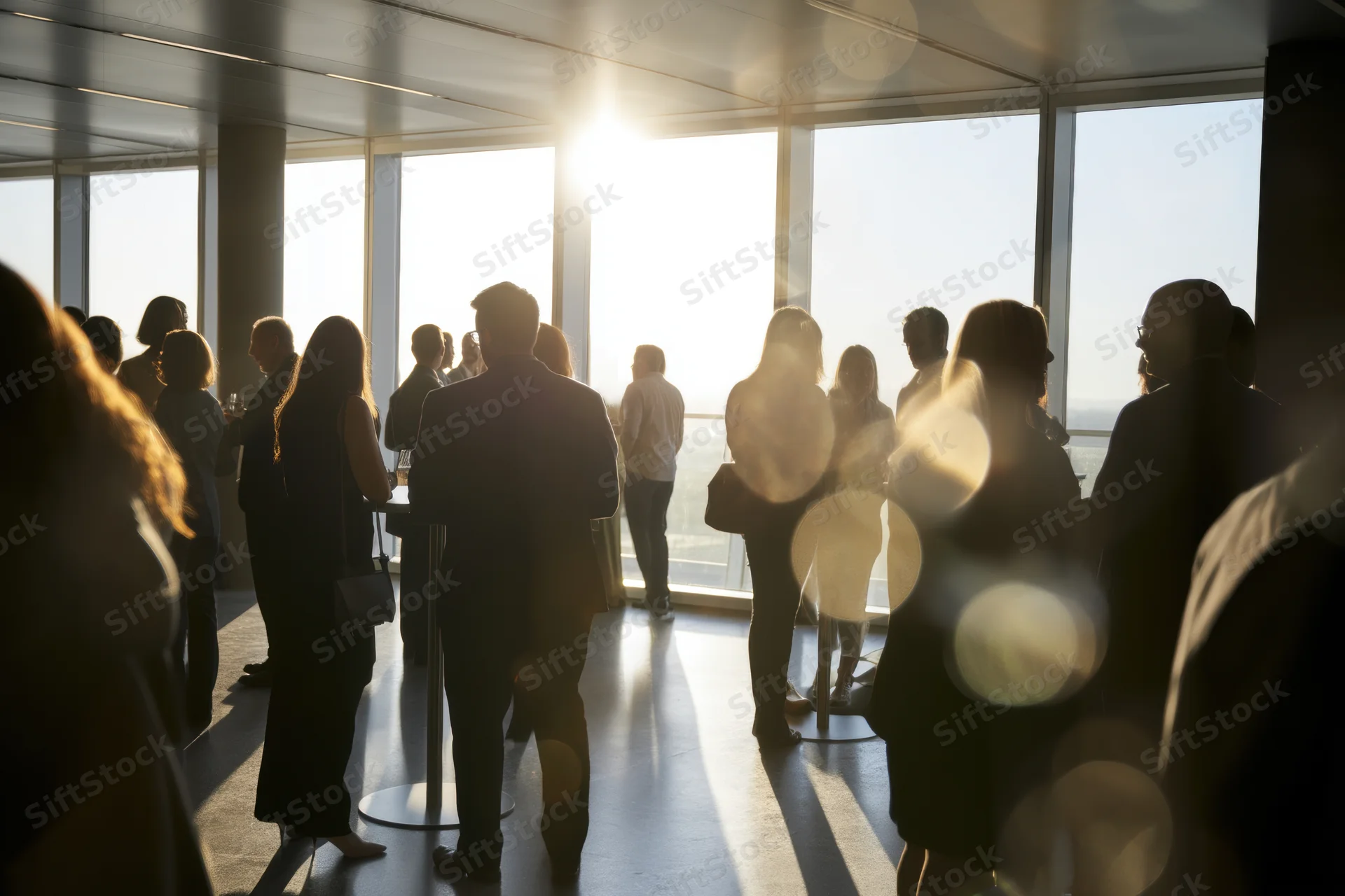 Silhouetted professionals networking at a modern office event with sunlight streaming through large windows