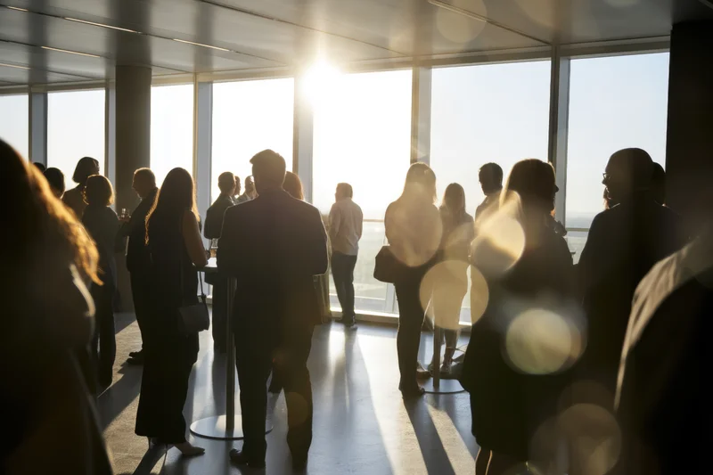 Silhouetted professionals networking at a modern office event with sunlight streaming through large windows