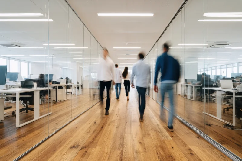 People walking down a modern office corridor with glass walls and wooden floor