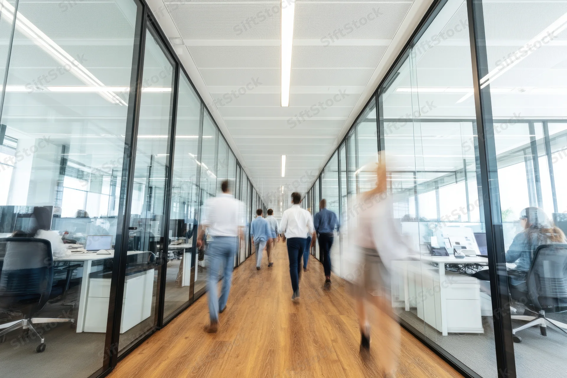 People walking down a modern office corridor with glass walls and wooden floor