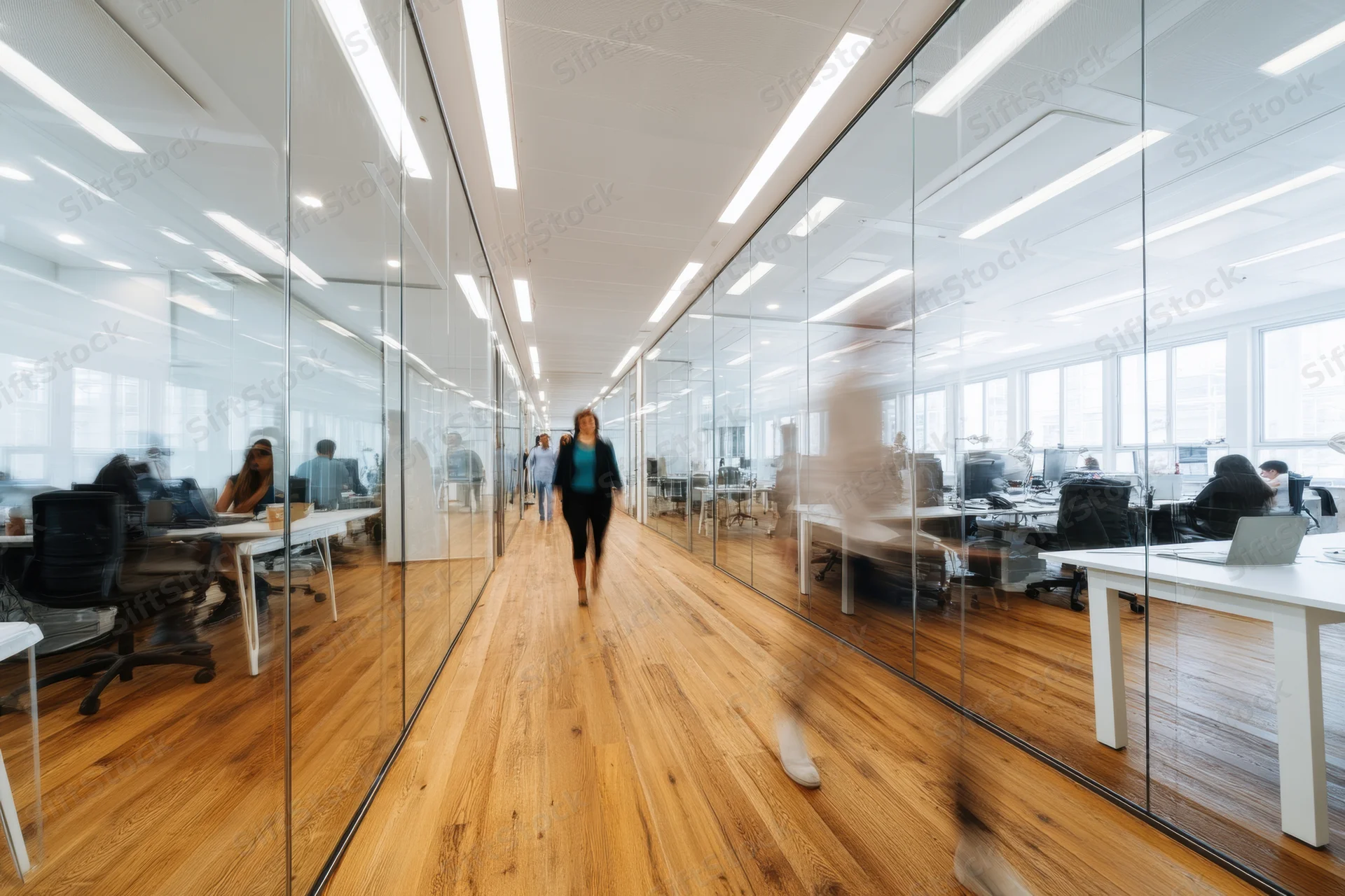 Woman walking down a glass-walled office corridor with wooden flooring and open workspaces on either side