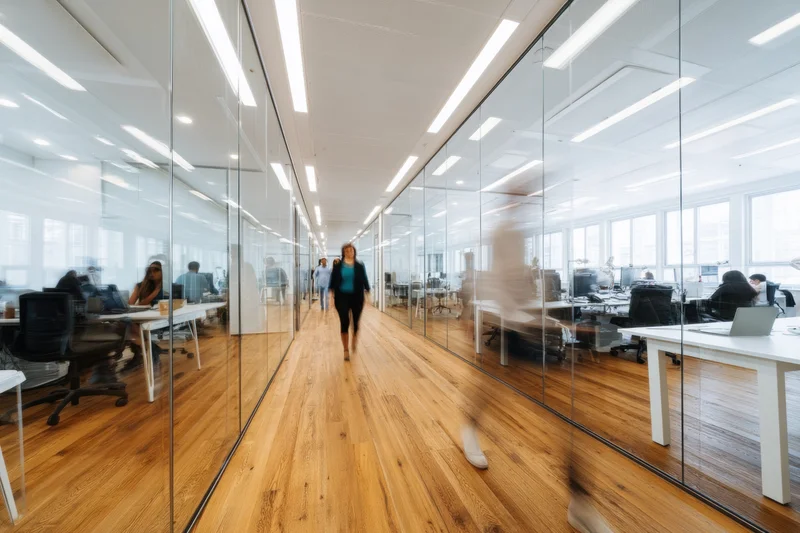 Woman walking down a glass-walled office corridor with wooden flooring and open workspaces on either side