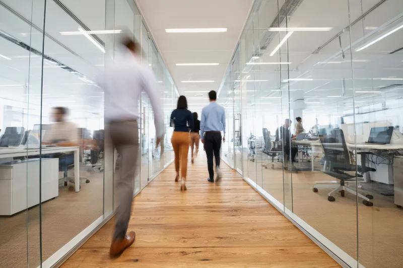 People walking down a glass-walled office hallway with wooden flooring