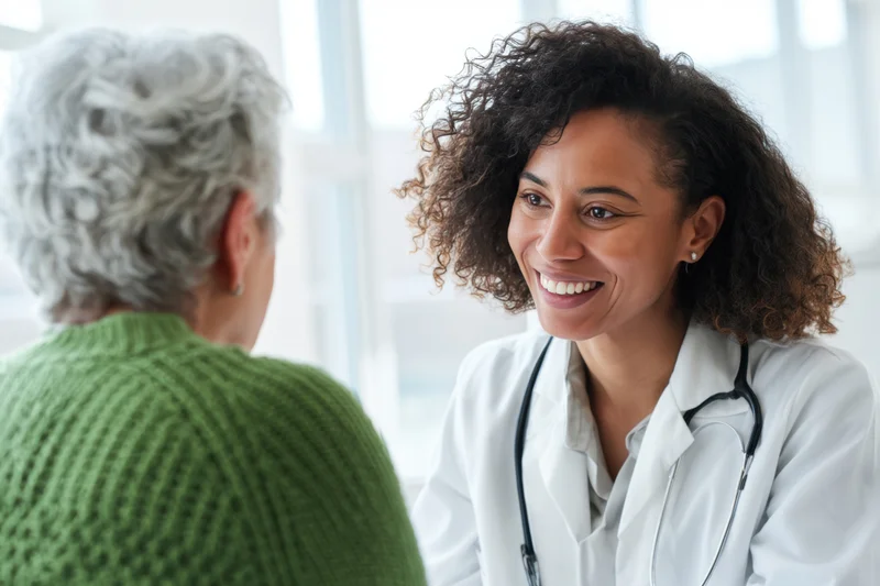 Female doctor smiling during consultation with senior patient in clinic