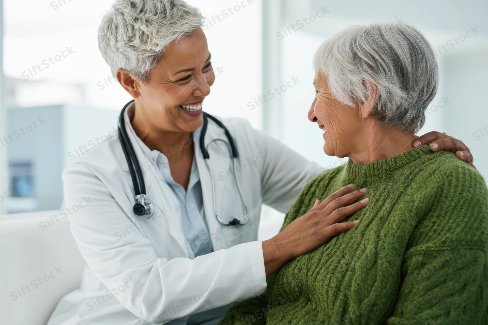 Doctor smiling and placing hands on senior woman's shoulders during consultation in clinic