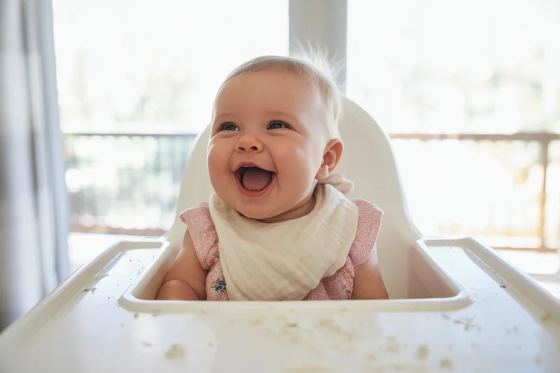 Baby smiling in high chair with crumbs on tray near window