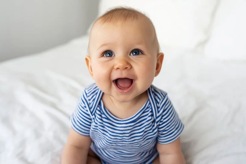 Baby sitting on white bed smiling with blue striped onesie