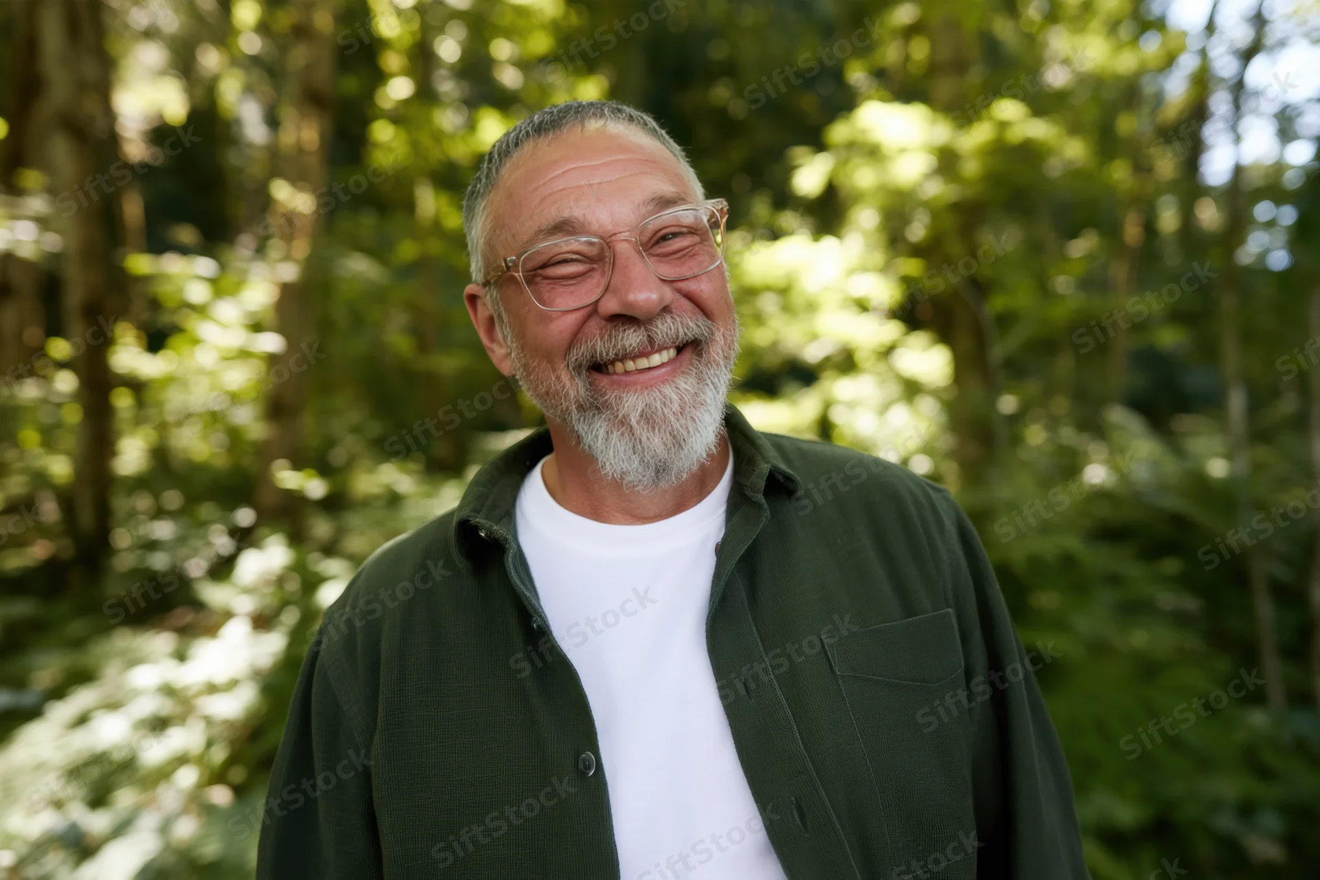 Smiling middle-aged man with gray beard and glasses standing in a sunlit forest