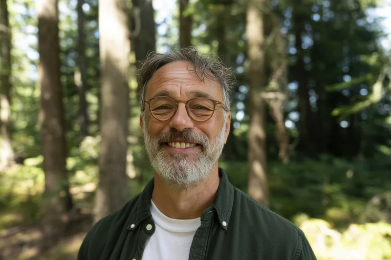 Smiling middle-aged man with glasses and gray beard standing in a sunlit forest