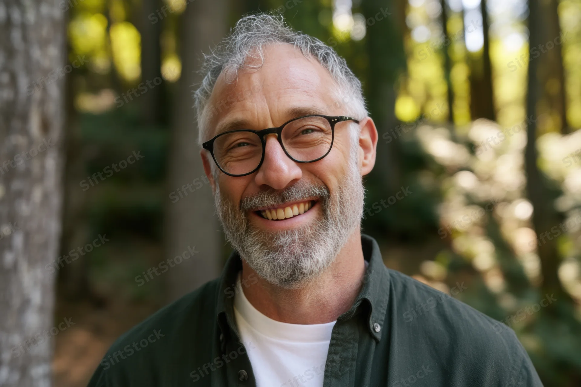 Smiling middle-aged man with gray beard and glasses standing in a sunlit forest