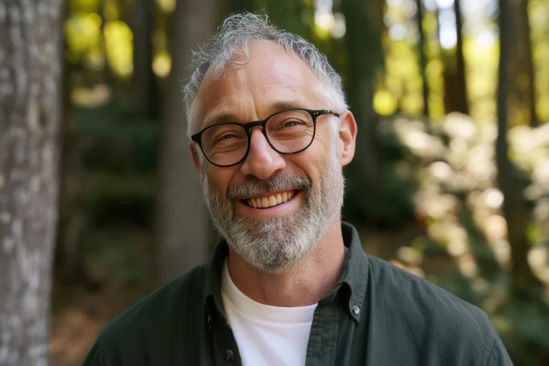 Smiling middle-aged man with gray beard and glasses standing in a sunlit forest