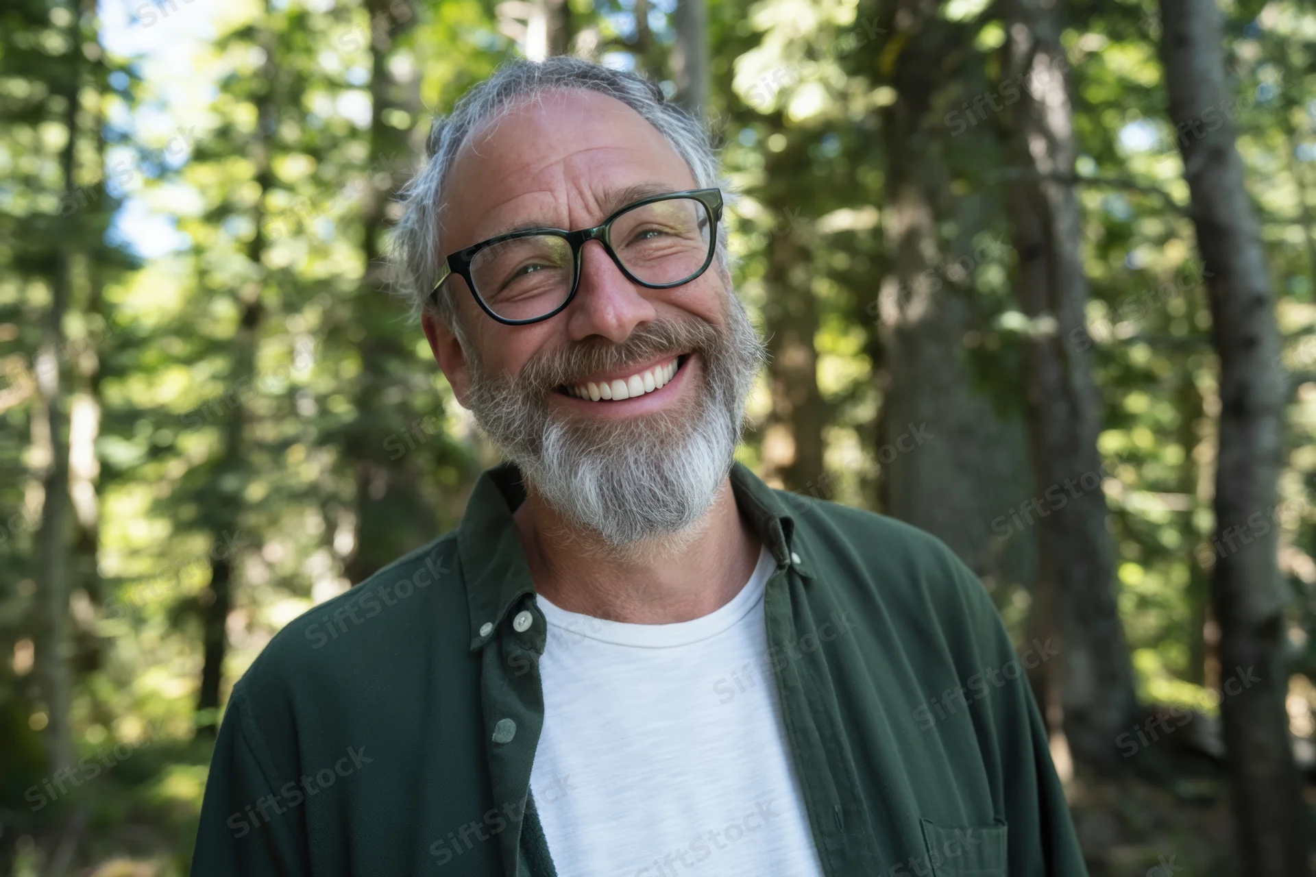 Middle-aged man smiling with glasses and gray beard in a sunlit forest