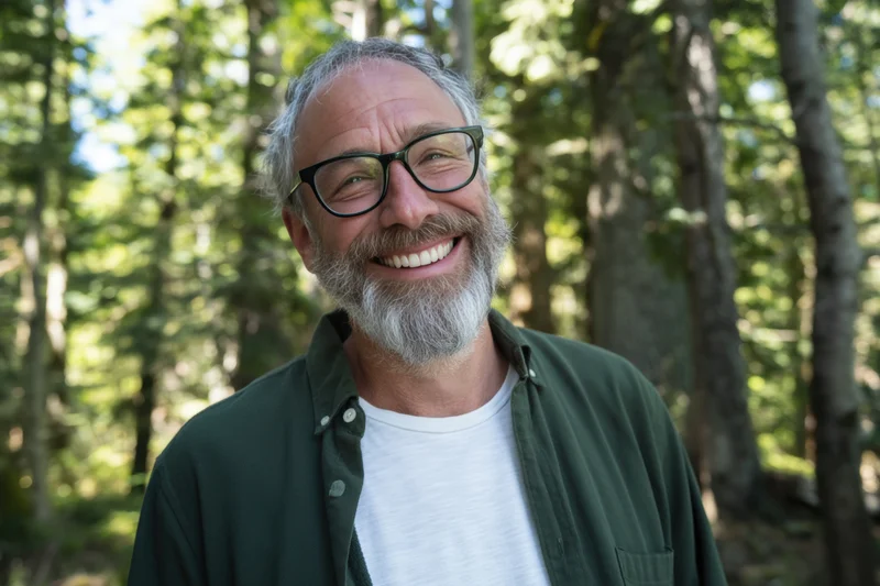 Middle-aged man smiling with glasses and gray beard in a sunlit forest