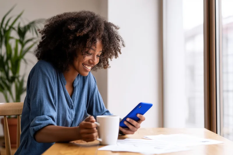 Woman smiling while using smartphone at wooden desk by window with coffee mug and papers
