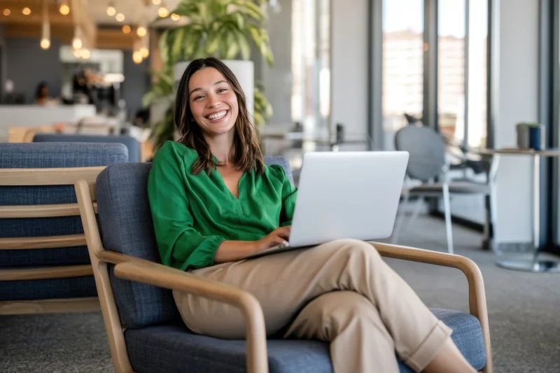 Woman smiling with laptop on chair in modern cafe interior