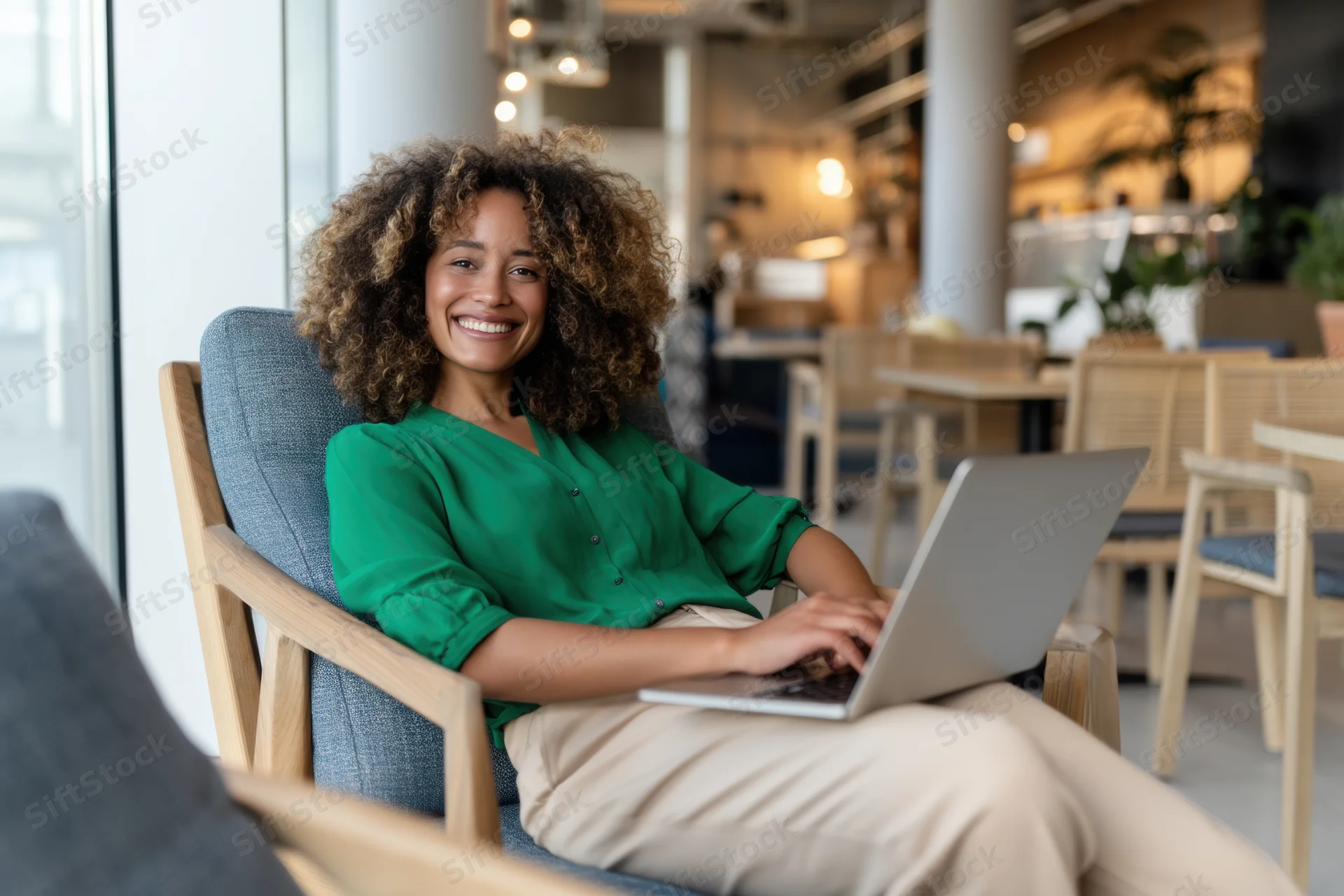 Woman smiling while typing on laptop in modern cafe interior