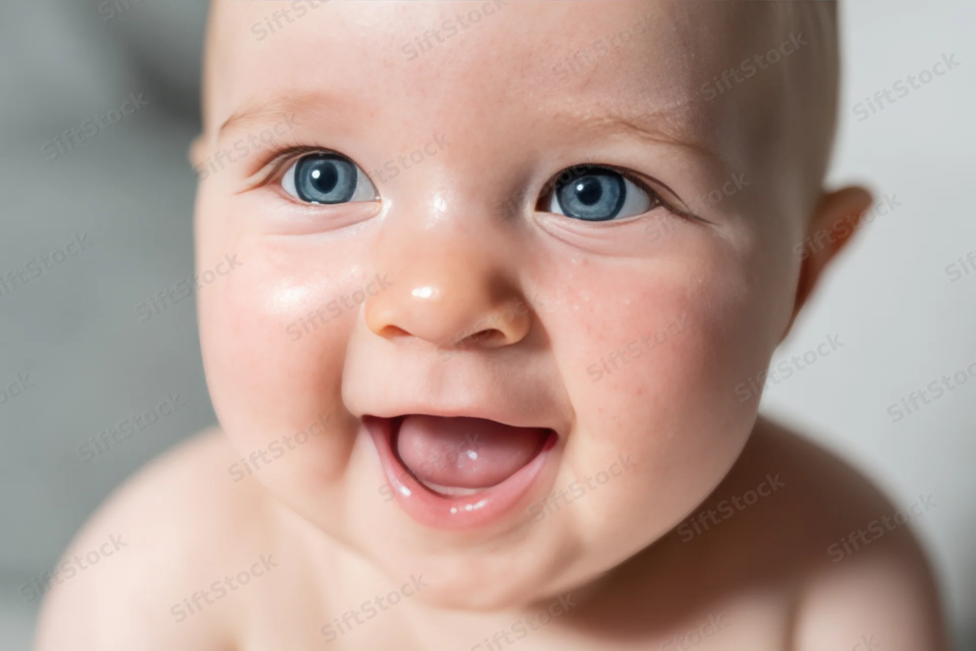 Close-up of a smiling baby with bright blue eyes looking directly at the camera