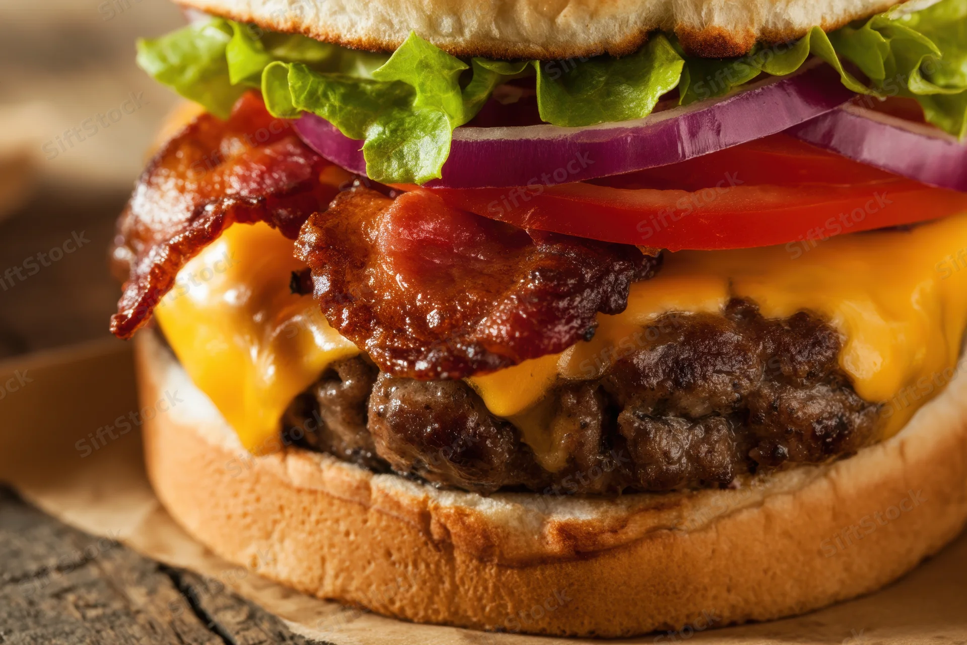 Close-up of a cheeseburger with bacon, lettuce, tomato, and melted cheddar on a toasted bun