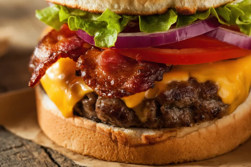 Close-up of a cheeseburger with bacon, lettuce, tomato, and melted cheddar on a toasted bun