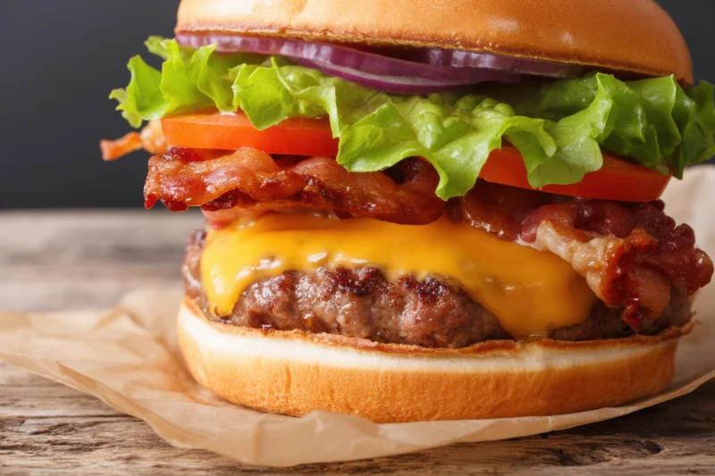 Close-up of a cheeseburger with bacon, lettuce, tomato and onion on a wooden table