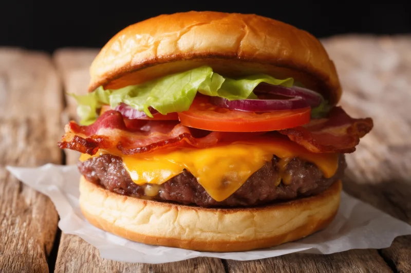 Close-up of a cheeseburger with bacon, lettuce, tomato and melted cheddar on a wooden surface