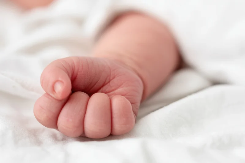 Close-up of a newborn baby's tiny clenched fist resting on a white blanket