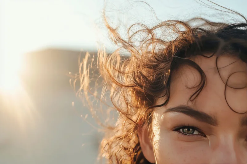 Close-up of a woman with wind-tossed curly hair in warm sunlight outdoors