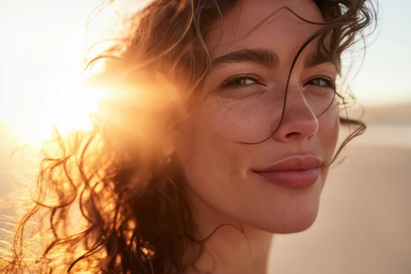 Close-up of a smiling woman with wind-tossed curly hair in warm sunlight at the beach
