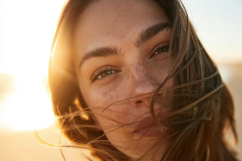 Close-up of a woman with wind-tossed hair and warm sunlight on her face outdoors