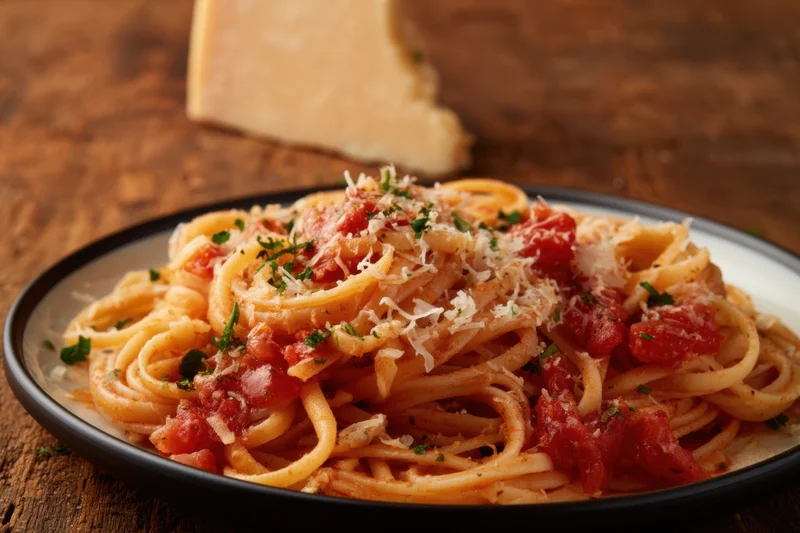 Linguine with chunky tomato sauce and grated parmesan on a plate on a wooden table