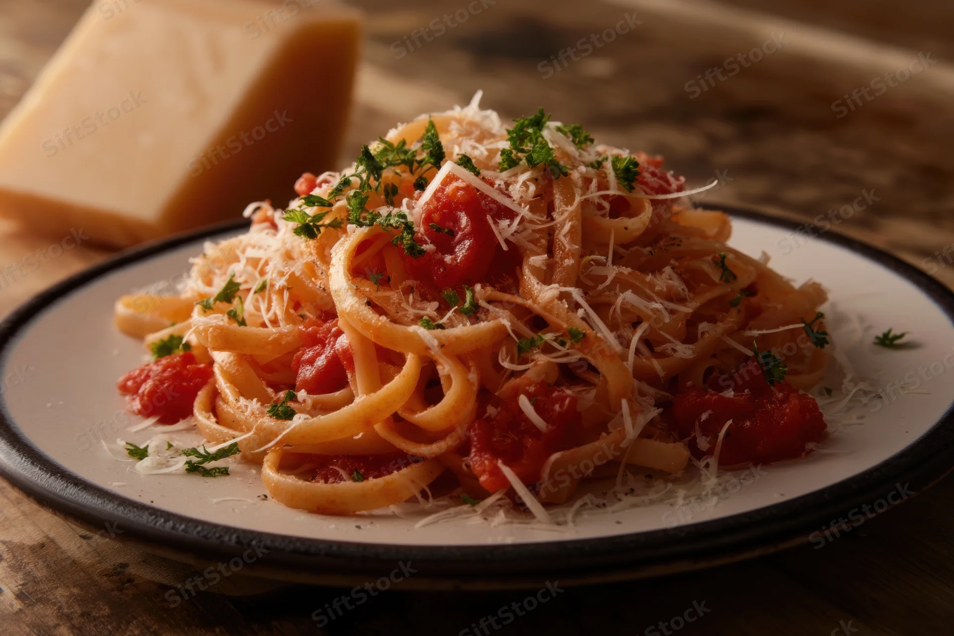 Linguine with chunky tomato sauce and grated parmesan on a plate with parsley, served on a wooden table