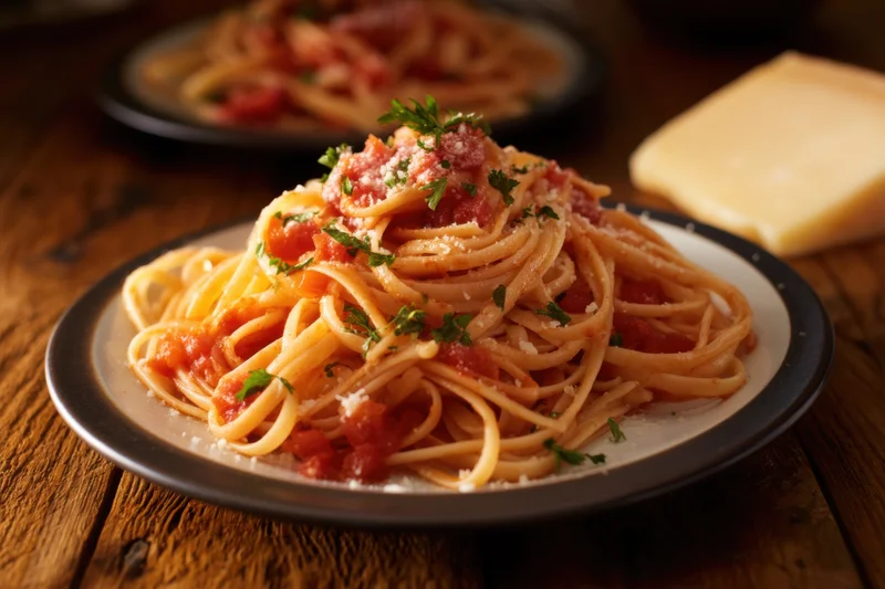 Linguine with chunky tomato sauce on a ceramic plate on a wooden table