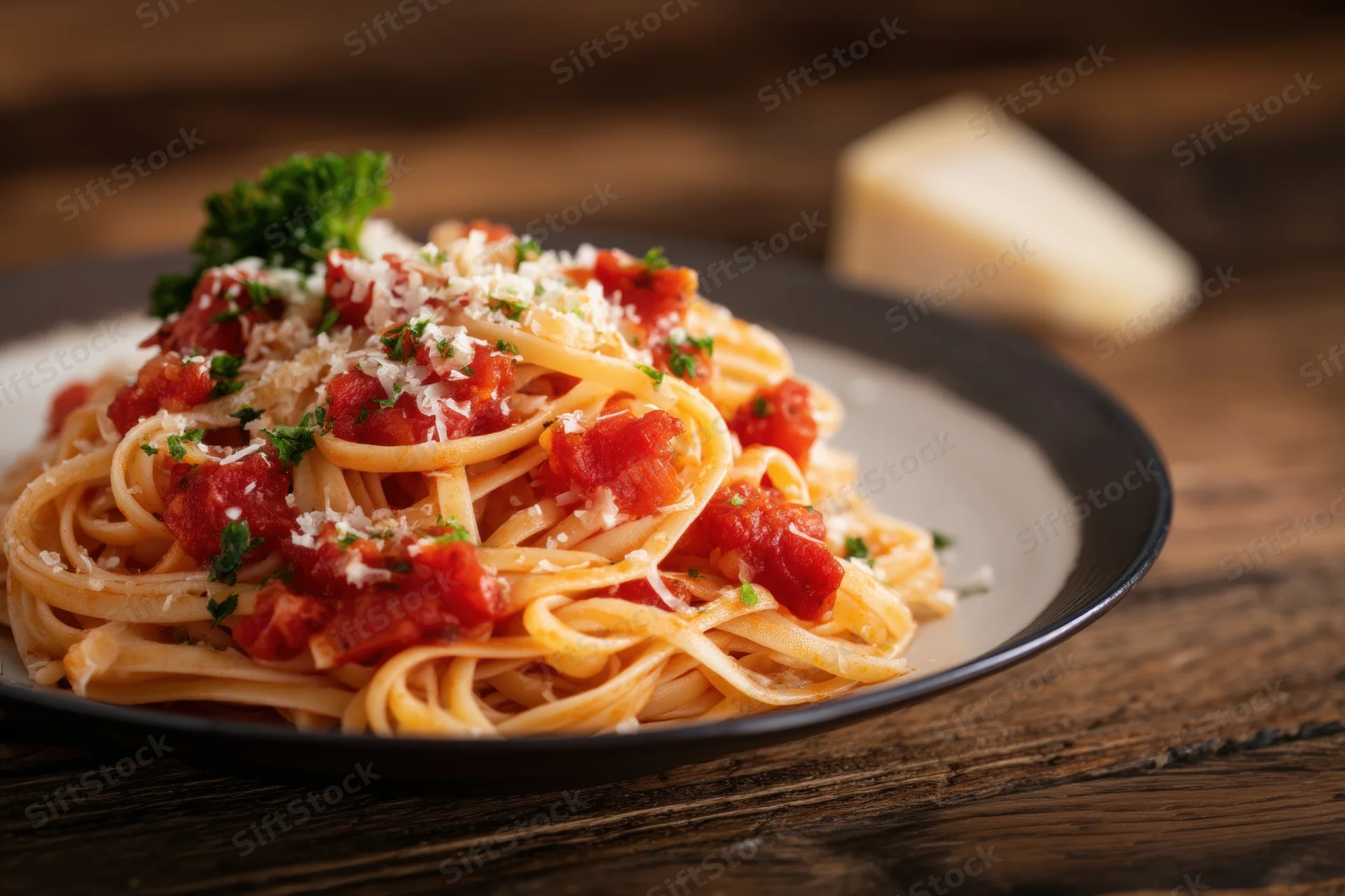 Linguine with chunky tomato sauce and grated cheese on a black-rimmed plate on a wooden table