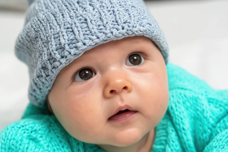 Baby wearing knit hat and sweater looking up indoors