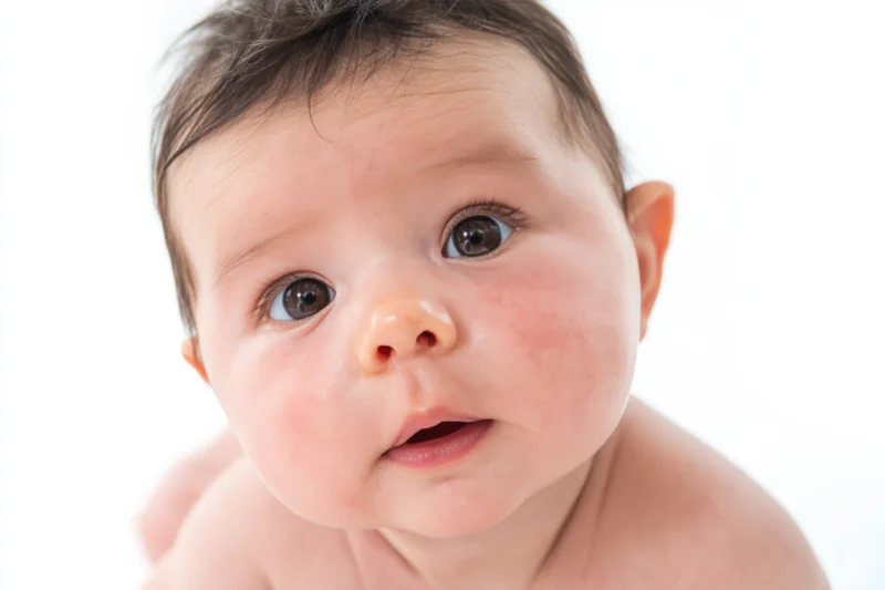Close-up portrait of a baby with rosy cheeks and soft skin against white background