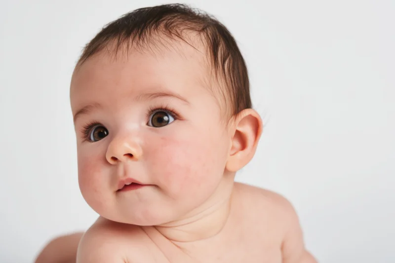 Close-up portrait of a baby with rosy cheeks and soft skin against a white background