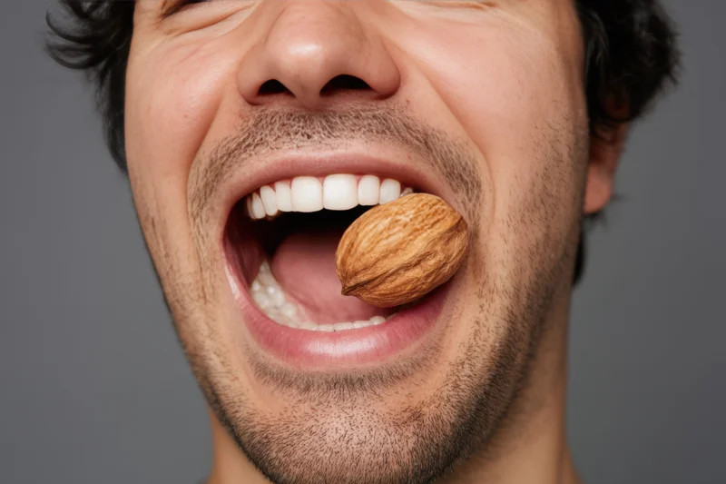 Man biting into a walnut in close-up portrait with mouth wide open