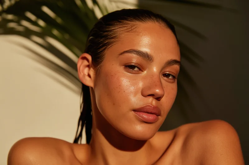 Close-up portrait of a woman with wet hair slicked back, shoulders bare, in warm sunlight with palm leaf shadows on wall