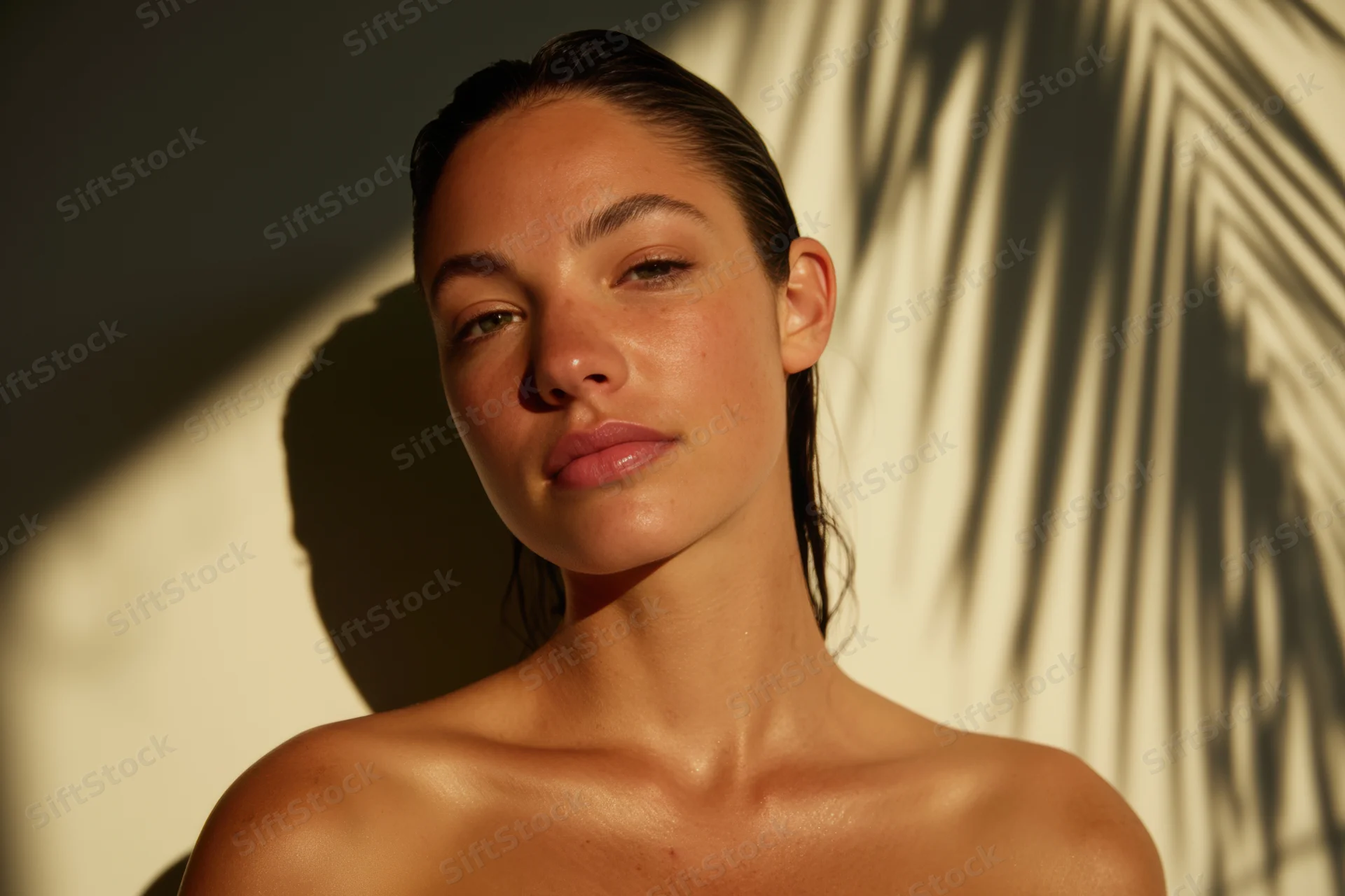 Woman with wet hair slicked back standing against a wall with palm shadow in warm sunlight