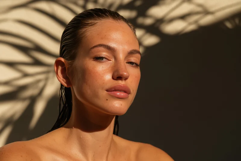 Woman with wet hair slicked back in sunlight, palm shadows on wall behind her