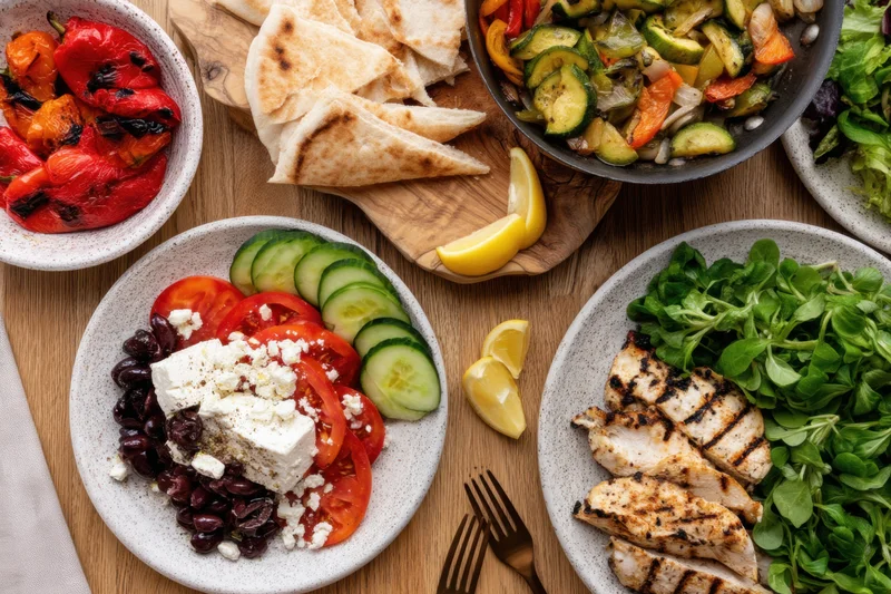 Mediterranean meal with grilled chicken, vegetables, and feta on a wooden table