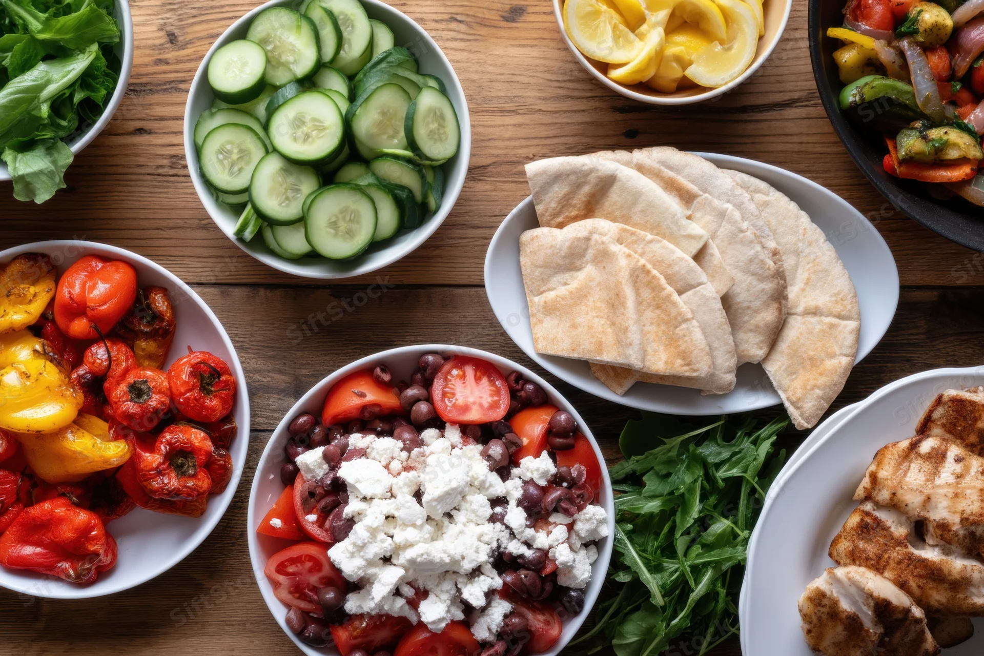 Mediterranean meal spread with vegetables, pita, and grilled chicken on wooden table